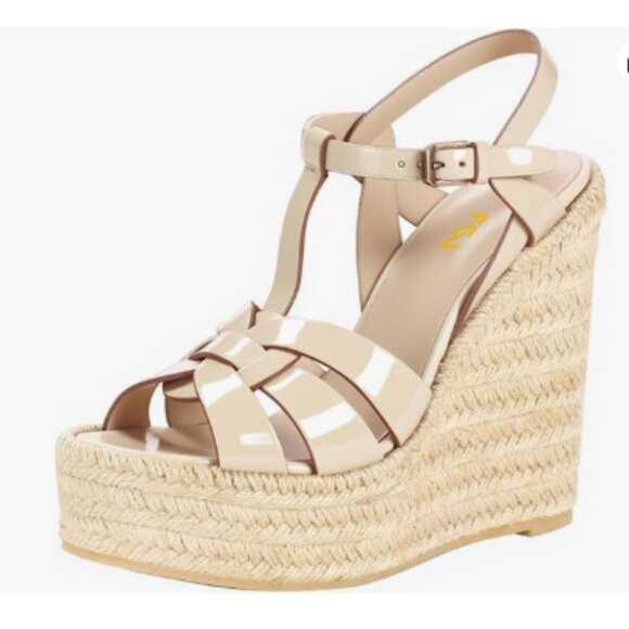 FSJ Nude Open Toe Espadrille Platform Ankle Strap Wedge Woven Cutout Sandals - Picture 1 of 8